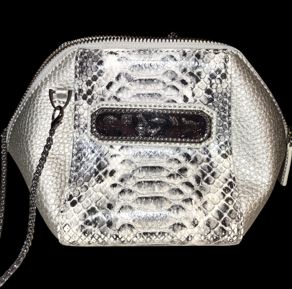 Vintage Sharif NYSnake Embossed Leather Purse Clamshell Crossbody Silver